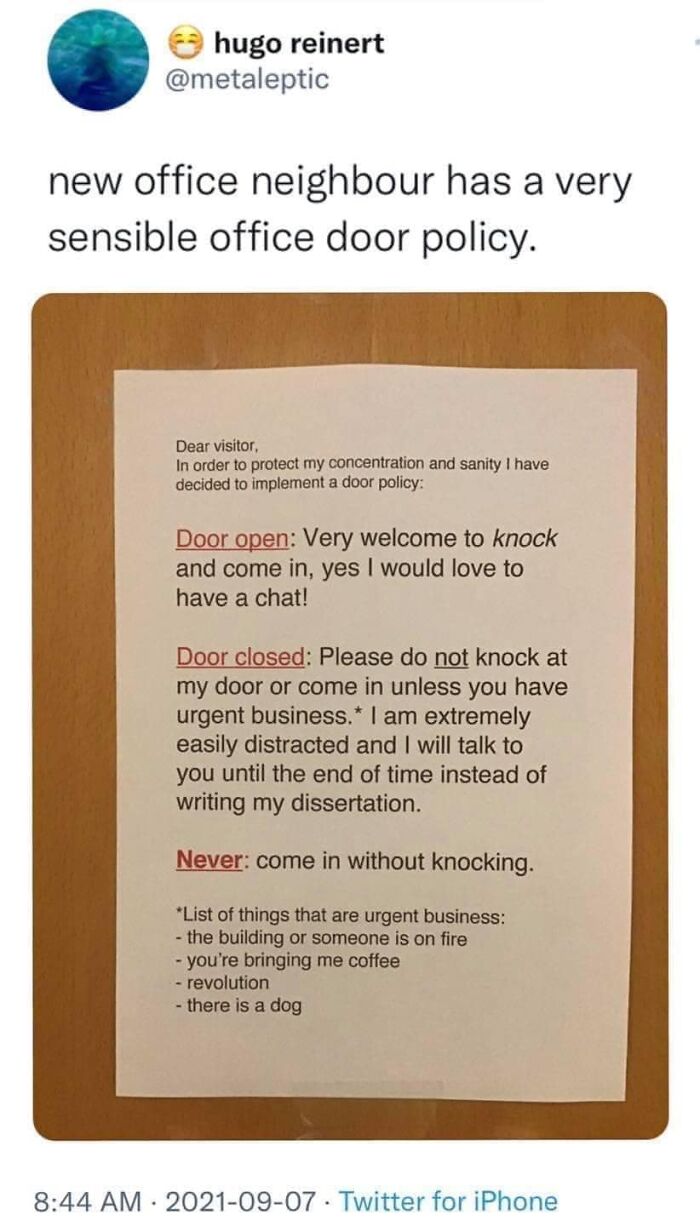 Humorous office meme about a door policy, listing chat rules and urgent business exceptions for coworkers.