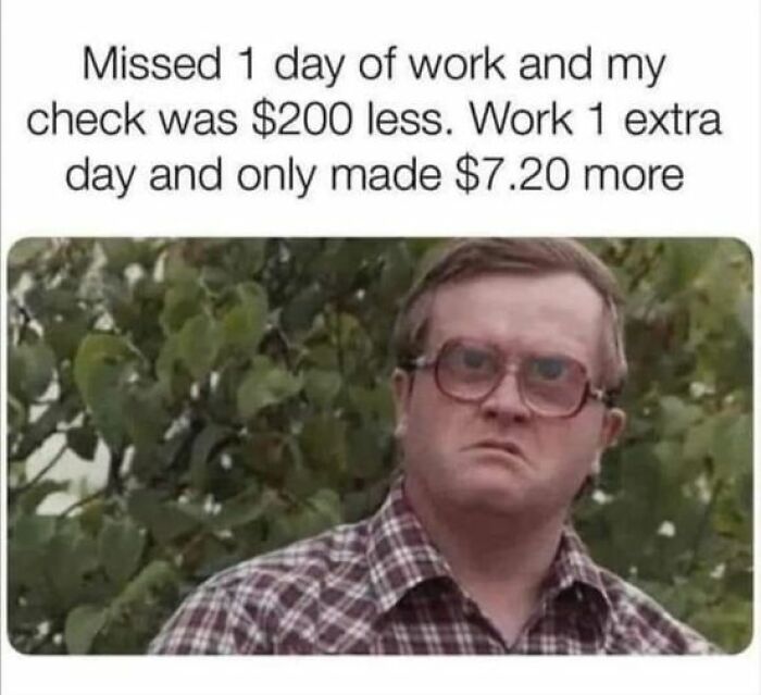 Confused man with glasses reacts to an office life meme about paycheck discrepancies.