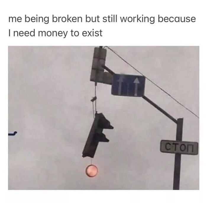 Office life meme showing a broken traffic light symbolizing perseverance at work.