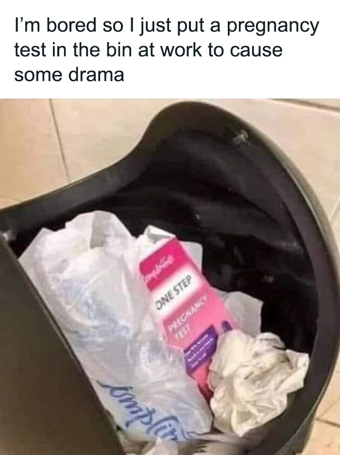 Funny office meme showing a trash bin with a pregnancy test box, captioned about creating drama at work.