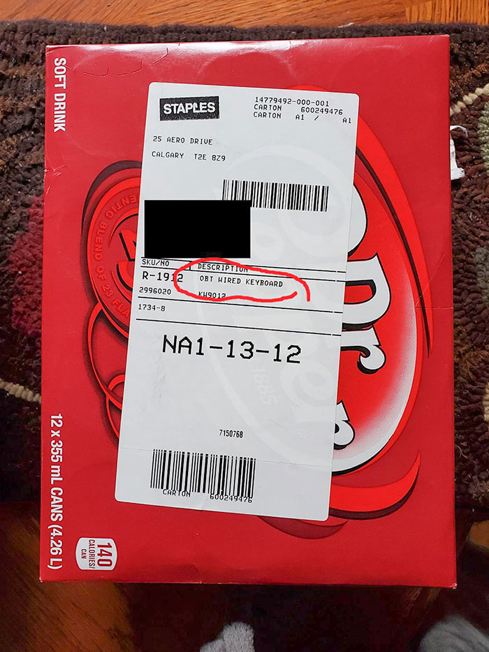 Ordered A Keyboard From Staples, Was Sent A Case Of Dr. Pepper Instead