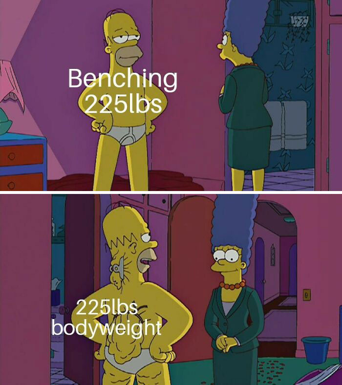Animated character showing off, labeled “Benching 225lbs” and then slouching, labeled “225lbs bodyweight,” humor about gym life.