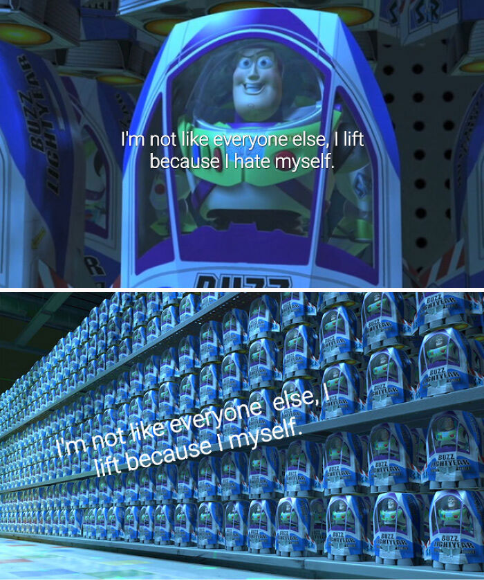 Buzz Lightyear surrounded by identical toys, with humorous gym meme text.