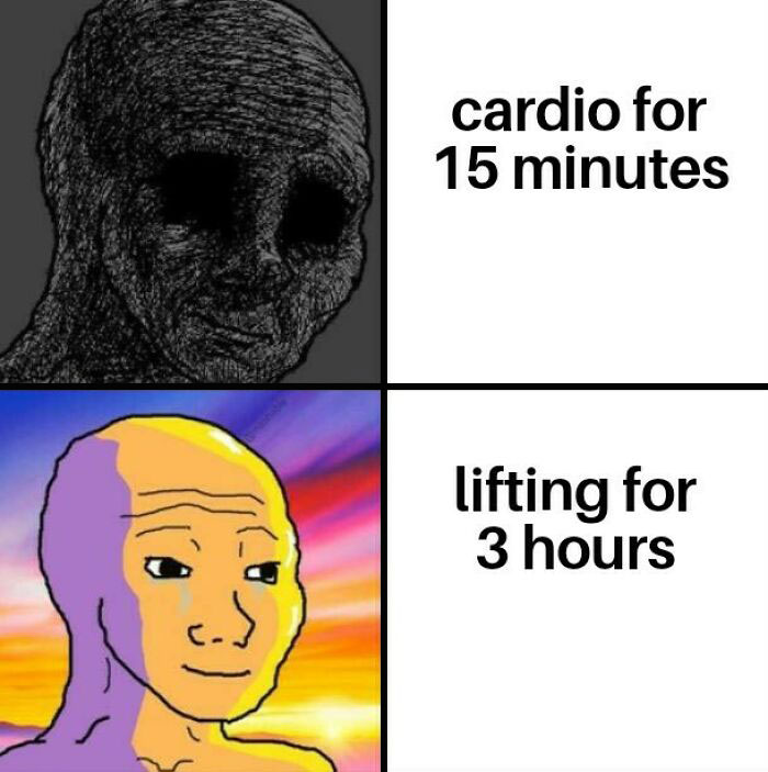Gym meme contrasting cardio and weightlifting with a sad face for cardio and a happy face for lifting.
