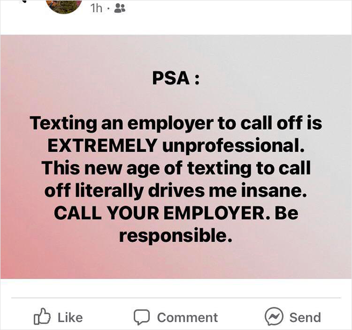 "This New Age Of Texting To Call Off Literally Drives Me Insane": Manager States That People Who Text Employers Are “Unprofessional”, Gets Blasted Online "This New Age Of Texting To Call Off Literally Drives Me Insane": Manager States That People Who Text Employers Are “Unprofessional”, Gets Blasted Online