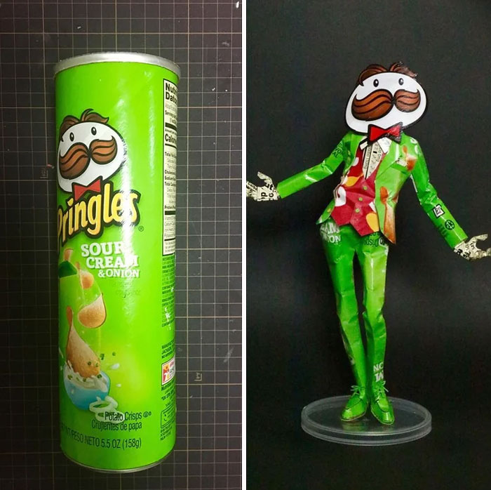 a green snack packaging and a sculpture of aman made out of the snack packaging