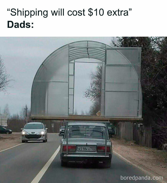 Car transporting a large greenhouse frame on top, exemplifying a classic dad joke scenario about saving on shipping costs.