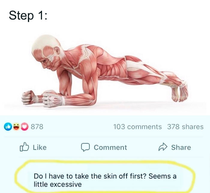 Muscle anatomy diagram with a humorous dad joke about exercise and skin removal highlighted in a Facebook comment.