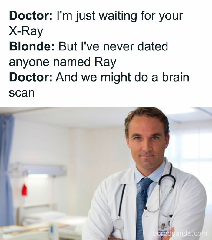 Doctor delivering a dad joke about an X-Ray with a humorous twist, in a hospital setting.