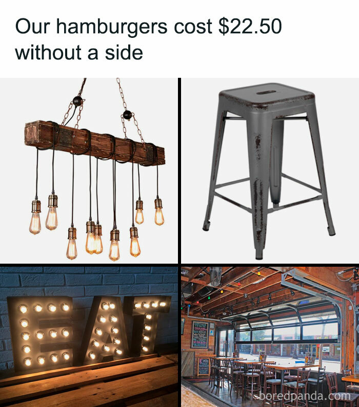 Dad joke on a Facebook page about pricey hamburgers, light fixture, metal stool, and restaurant interior with lit "EAT" sign.