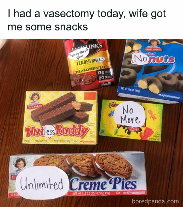 Dad jokes snacks arranged humorously with labels: "Tender Balls," "Nutless Buddy," "No More Kids," "Unlimited Creme Pies."