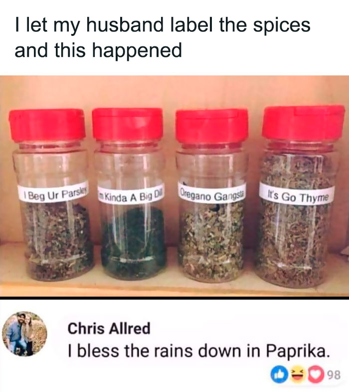 Spice jars labeled with dad jokes: "I Beg Ur Parsley," "Kinda A Big Dill," "Oregano Gangsta," and "It's Go Thyme."