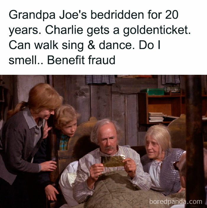 Family gathered around a bedridden man reading a ticket, caption jokes about possible benefit fraud.
