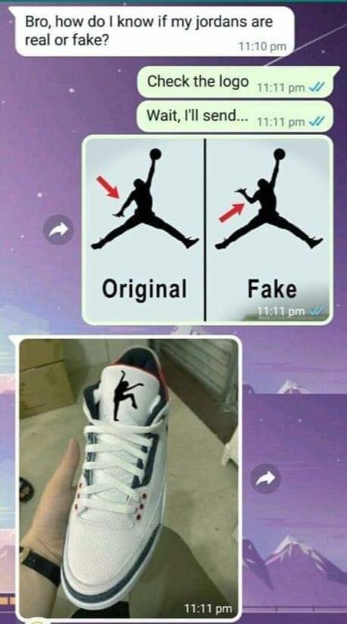 Texting about distinguishing real vs. fake Jordans with humorous logo comparison.