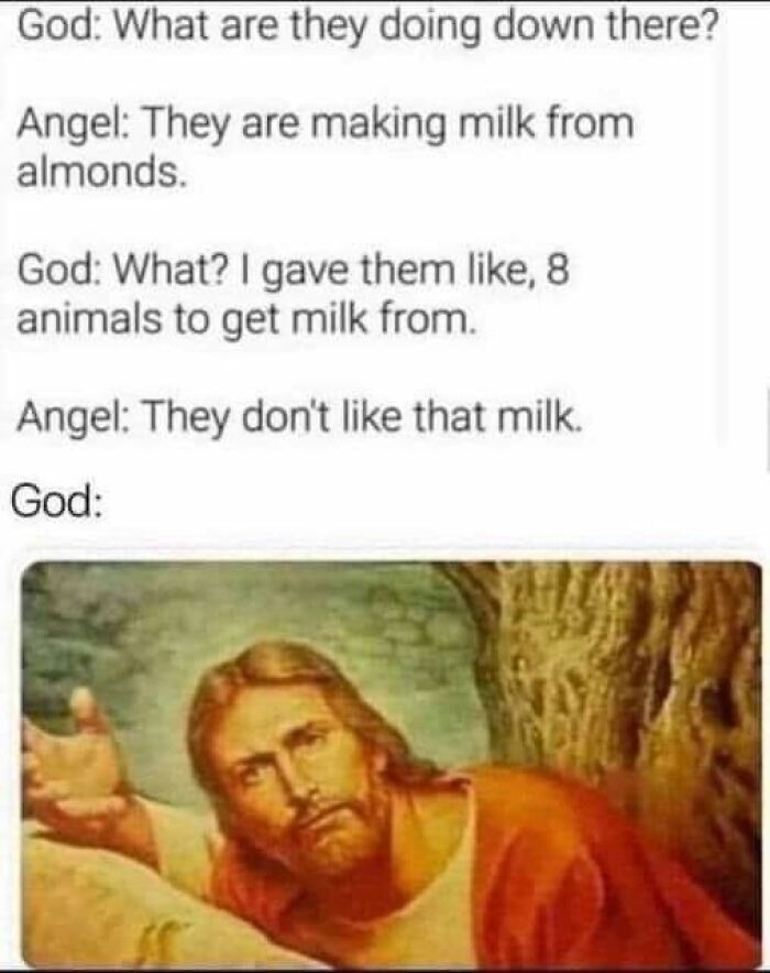 God and angel discussing almond milk in a dad joke meme; puzzled expression from God below.
