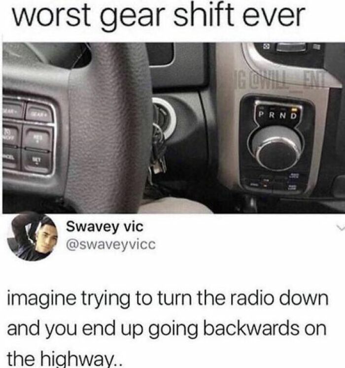 Car gear shift humor, highlighting the confusion between radio and gear controls as a dad joke.