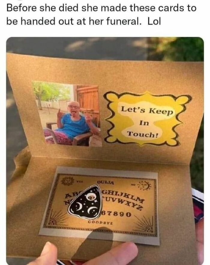 Funeral card with a funny message, "Let's Keep In Touch!" alongside a Ouija board image, reminiscent of dad jokes humor.