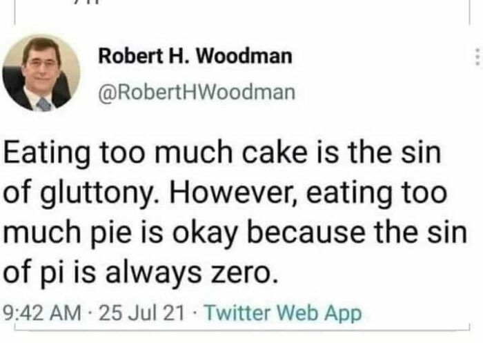 A dad joke about cake and pie, playing on words with "sin" and "pi" for humorous effect.