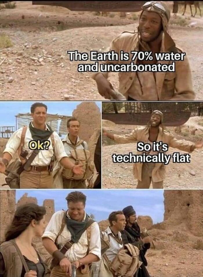 Characters in desert scene exchange dad joke about Earth's water and carbonation.