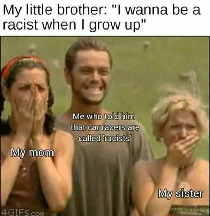 Three people react humorously to a misinterpretation about car racers in this dad joke.