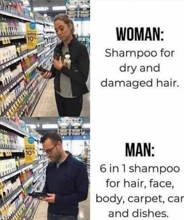 Woman choosing shampoo; man considering 6-in-1 shampoo in store. A typical dad joke comparison.