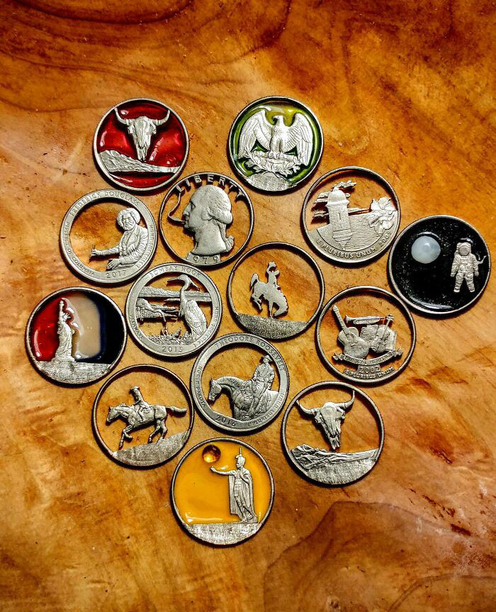 Pierced quarters carved with intricate designs, highlighting unique hobbies people enjoy.