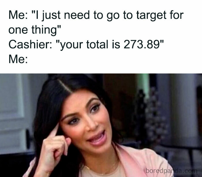 Woman gesturing humorously about money after unexpected high total at checkout.