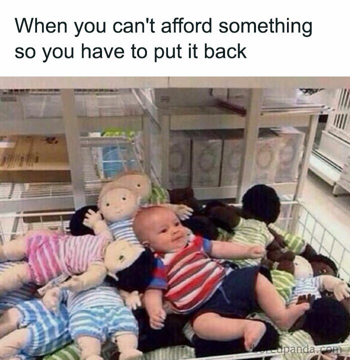 Baby lying among dolls with text about putting back what you can't afford, illustrating funny truths about money.