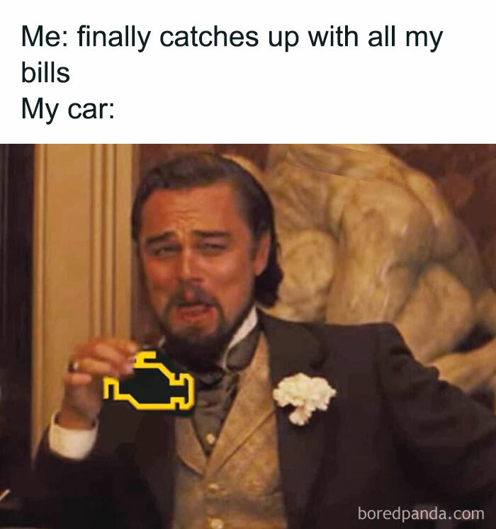 Man laughing with a 'check engine' light in hand, symbolizing money struggles and unexpected car expenses.