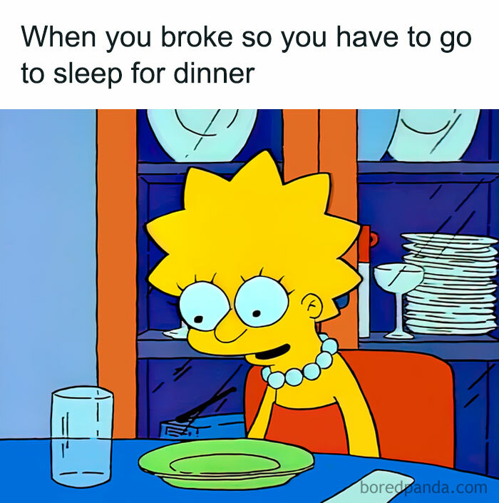 Cartoon character sitting at a table with an empty plate, illustrating a money meme about skipping dinner when broke.