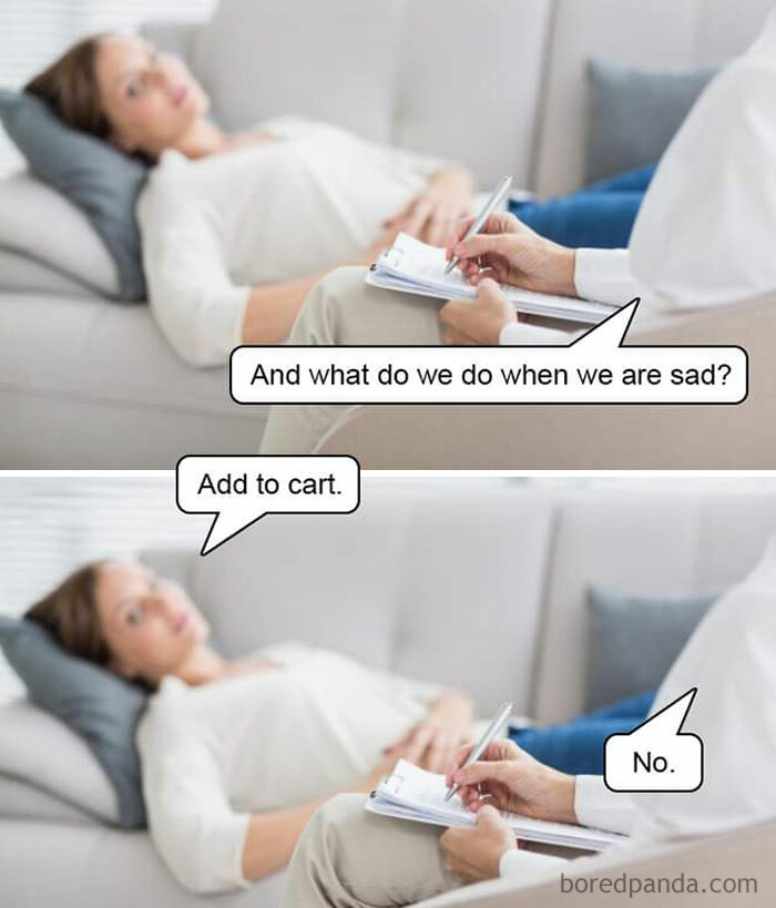 Therapist and patient discussing money habits; patient humorously suggests online shopping as a coping mechanism.