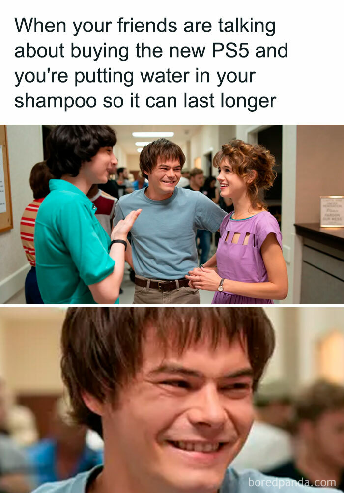 Three friends laughing in a hallway, capturing the humorous truth about money struggles.