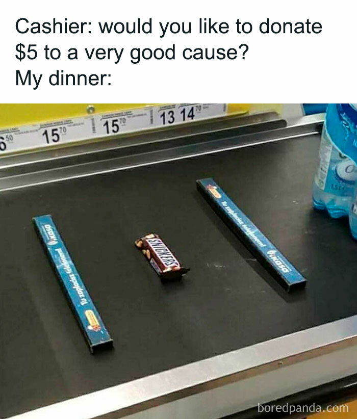 Candy bar and gum on a checkout conveyor belt, illustrating a humorous money meme.