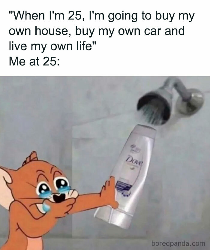 Crying cartoon mouse holding a shampoo bottle in a shower, humorously illustrating relatable money struggles.