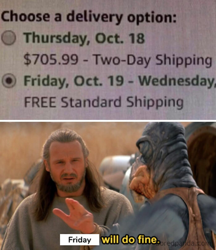 Delivery option meme about money with a character choosing free shipping.