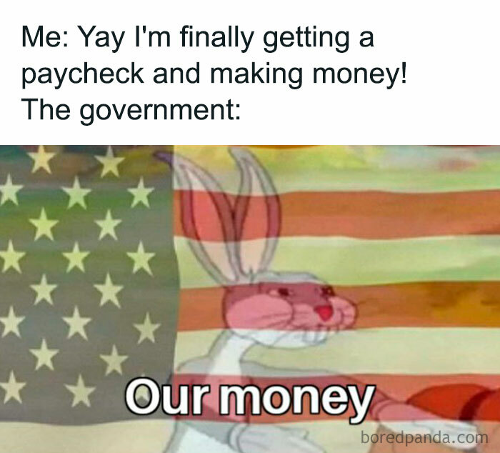 Cartoon rabbit in front of U.S. flag, illustrating humorous money meme with the caption "Our money."