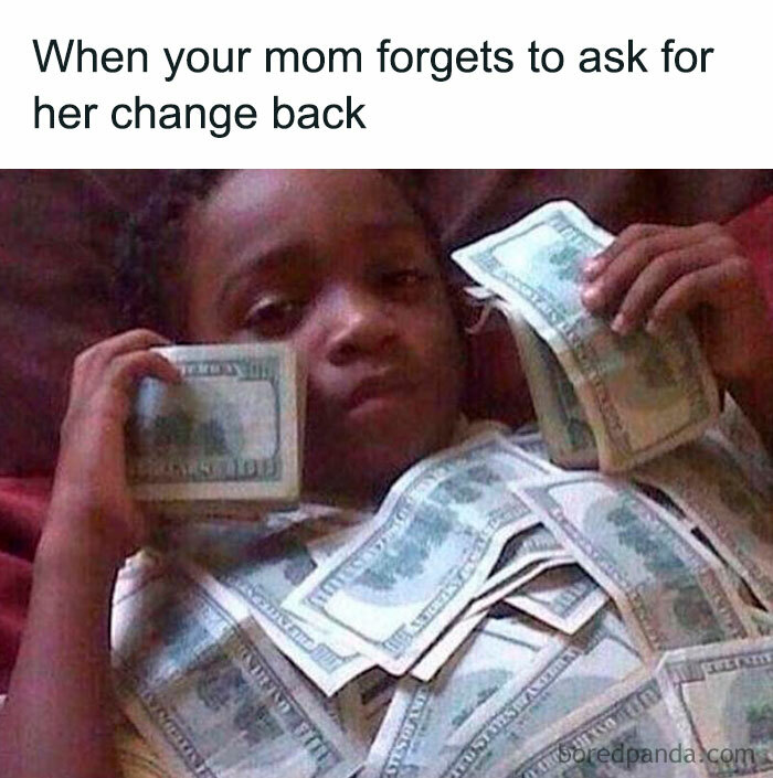 Child with stacks of money humorously depicting a money meme.