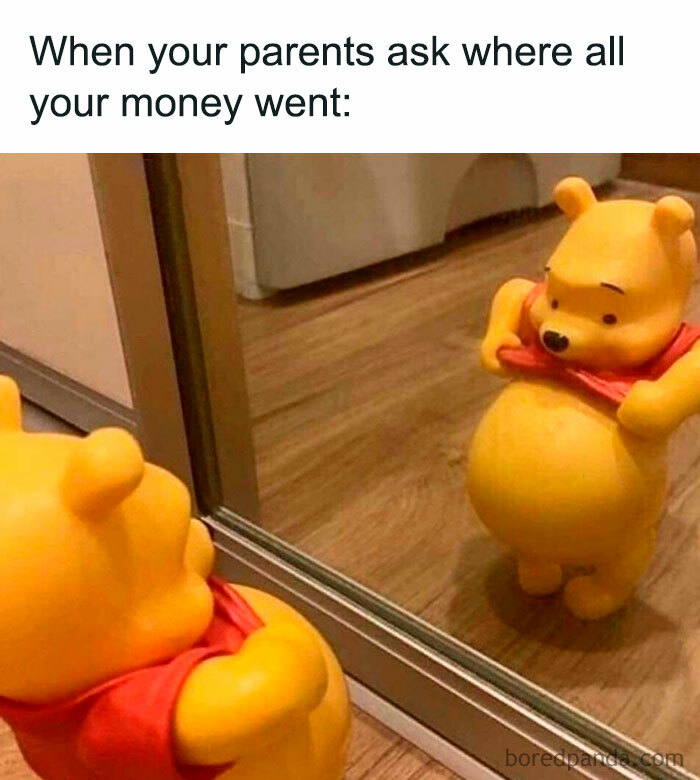 A yellow bear looks in the mirror, humorously reflecting on money issues.