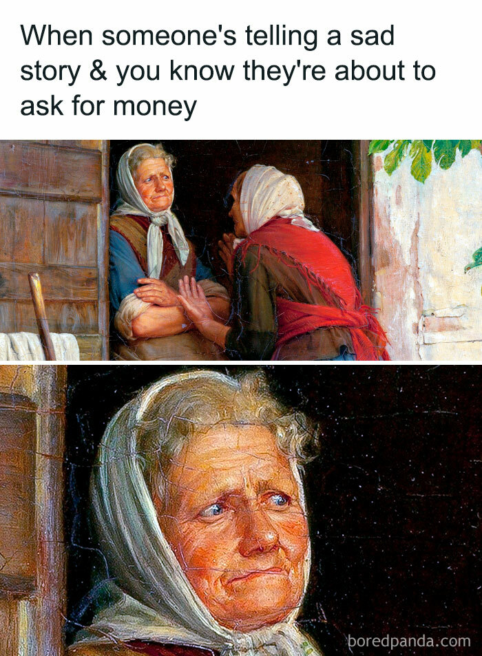 Painting of two elderly women, one listening with a skeptical expression; humorous money meme.