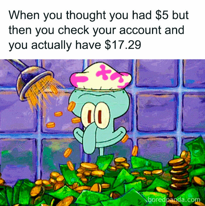 Cartoon character joyfully showered with money, illustrating a funny money meme.
