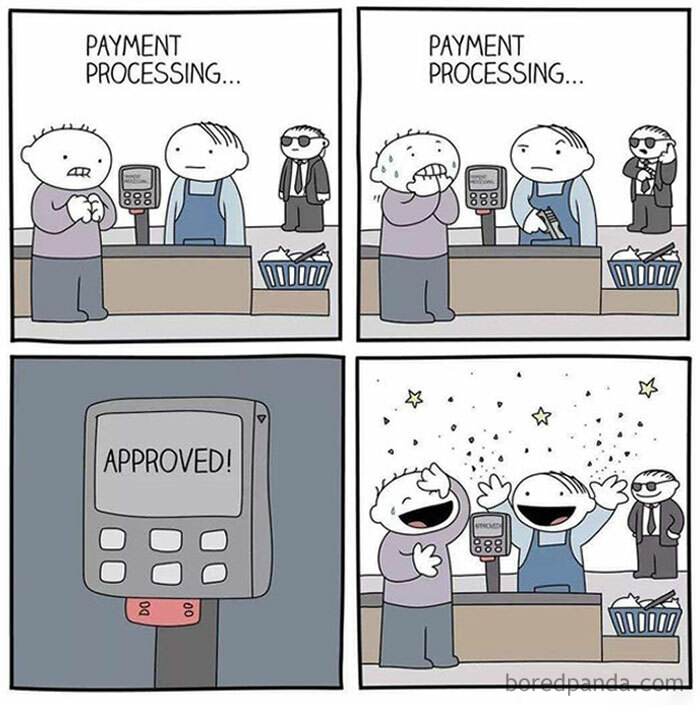 Cartoon about money: nervous shopper relieved after payment is approved at checkout.