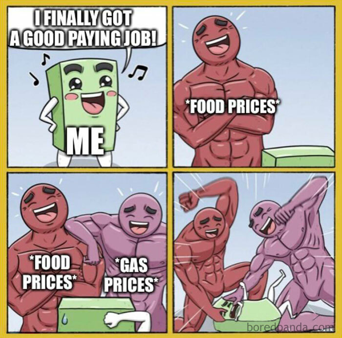 Cartoon character celebrates a new job, but food and gas prices overwhelm it, illustrating money struggles humorously.