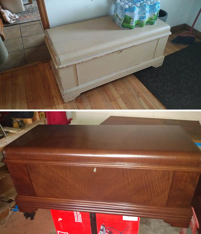 Restored Painted Blanket Chest. Walnut Veneers With Burl Walnut And Curly Maple Panels