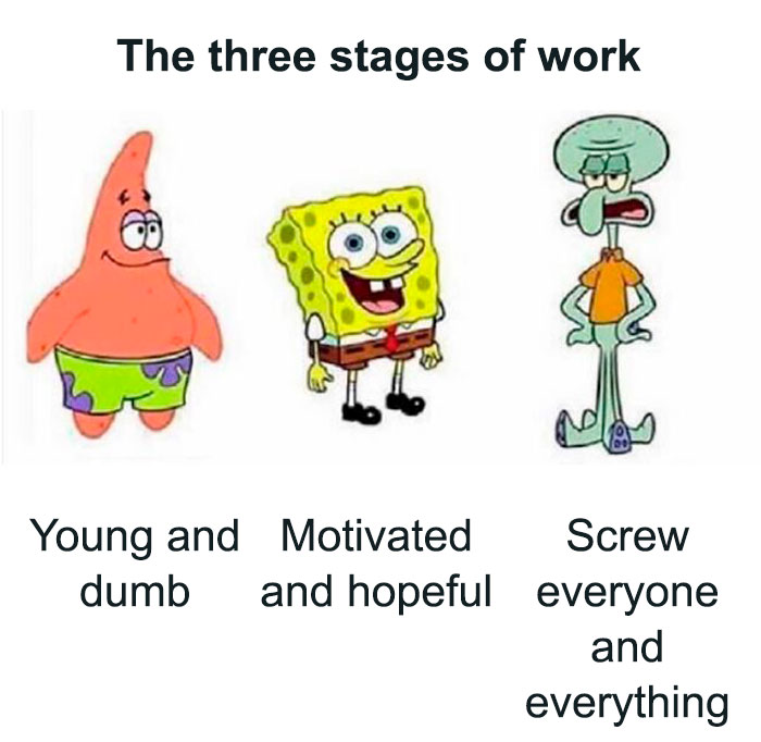 Animated meme about working in retail showing three stages: young, motivated, and frustrated with captions.