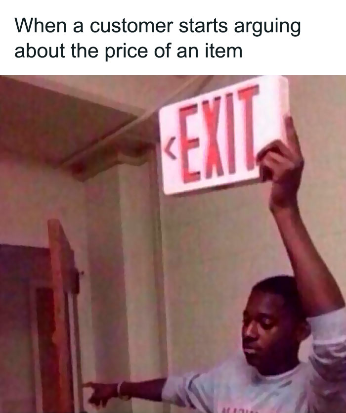 Man holding an exit sign, pointing towards the door with a caption about retail struggles.