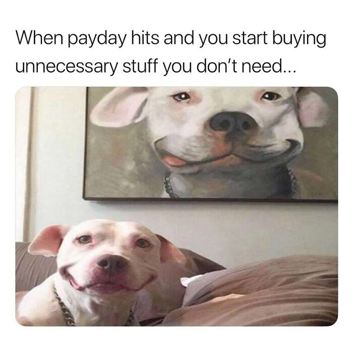 Dog smiling in front of a matching portrait, capturing retail struggle humor.