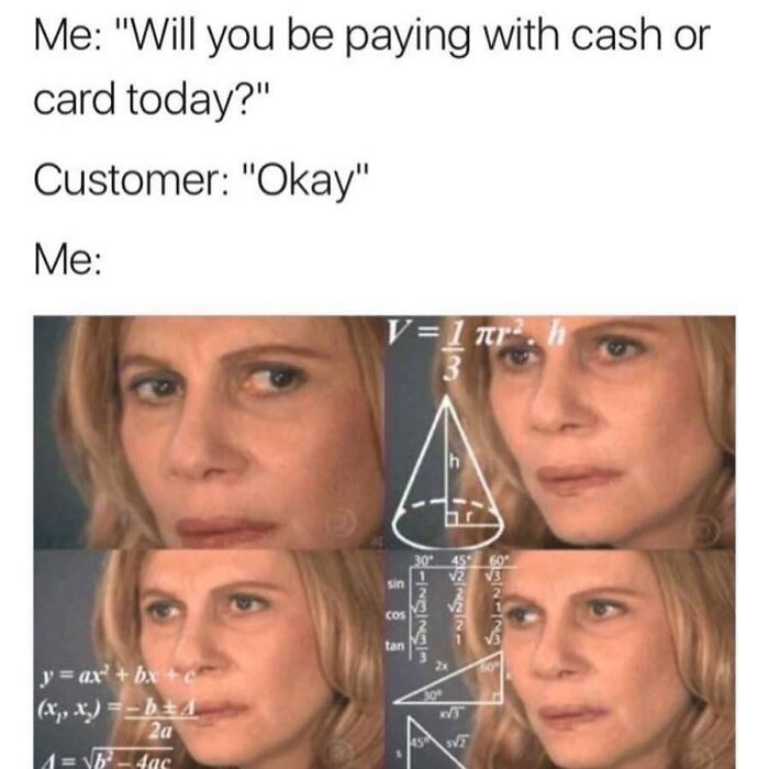 Confused woman with math equations, illustrating retail work struggles.