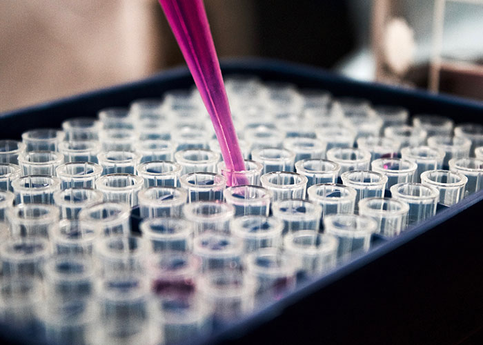 Pipette with pink liquid over test tubes, illustrating science experiments and discoveries.