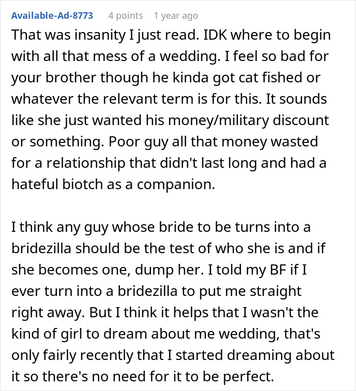 Text discussion about a chaotic wedding and a bride's behavior, mentioning bridezilla and relationship issues.