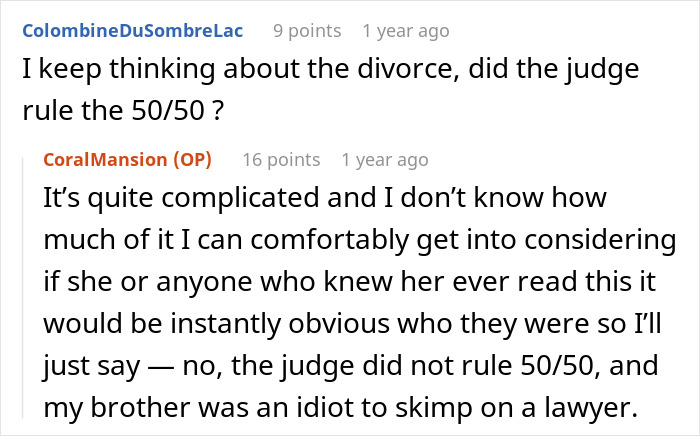 Screenshot of a Reddit conversation about a complicated divorce ruling.